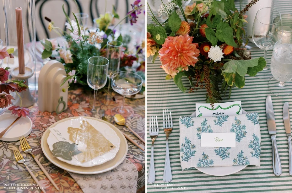 Two elegant table settings with floral centerpieces. The left features a floral plate and butterfly decor, while the right has striped tablecloth, blue-patterned menu, and colorful flowers.