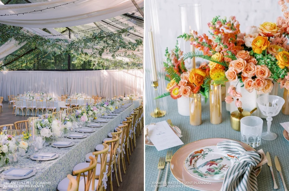 Elegant wedding reception setup with floral arrangements, decorative plates, and glassware on long tables. Draped ceiling with lights visible overhead.