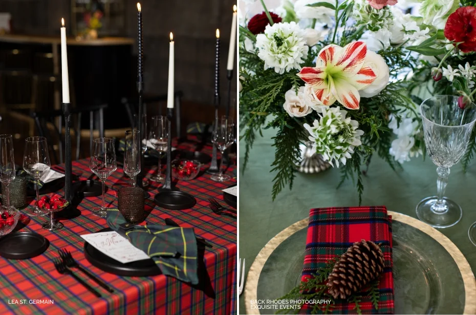 Two festive table settings: one with black candles and red plaid cloth, another with a floral centerpiece and pinecone on plaid. .