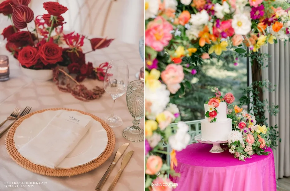 Left: Table setting with a woven charger, menu, red flowers, and glassware. Right: A white cake with colorful flowers on a pink tablecloth, surrounded by colorful floral arrangements.