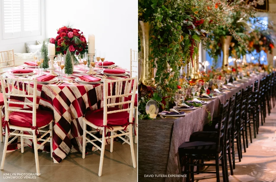 Two elegantly set dining tables; the left features red roses and checkered tablecloth, while the right has a long table with floral decor and lavish greenery.