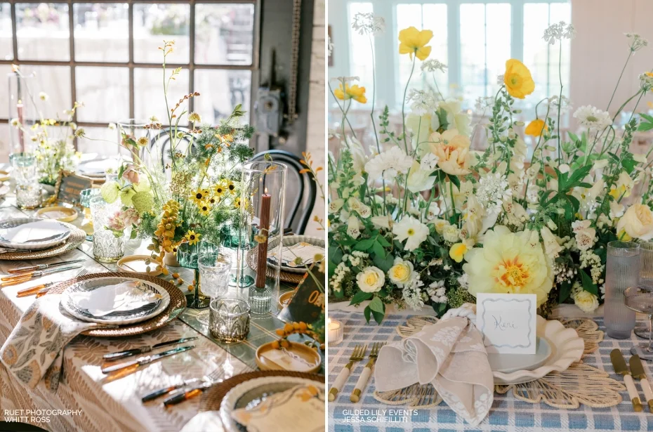 Two elegantly set dining tables with floral centerpieces. The left table features yellow and green accents, while the right table has yellow and white flowers. Both have ornate tableware.