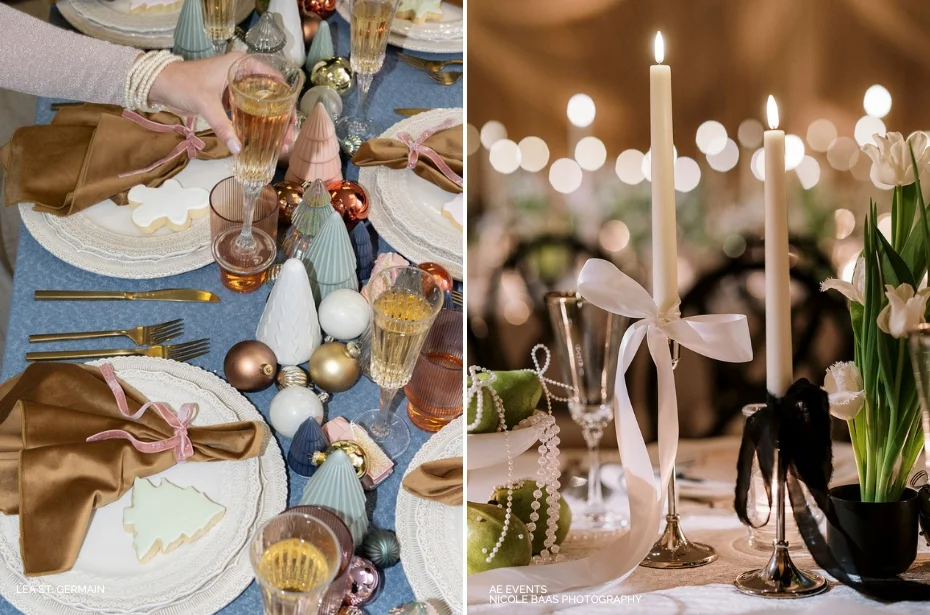 A festive table setting with gold, white, and pink decorations, featuring ribbon-tied napkins and champagne flutes; another table with tall candles and tulips.