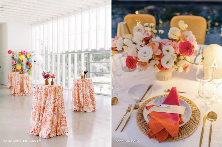 Two event setups: left shows tables with orange floral cloths in a bright room, right displays a table setting with pink flowers, candles, and colorful napkins by water.