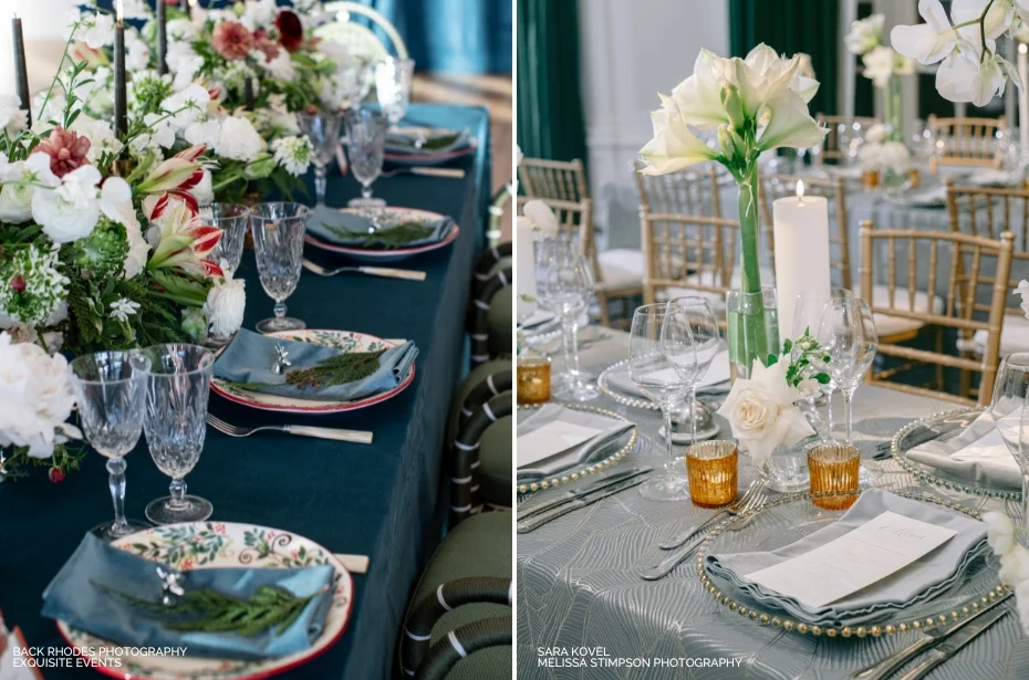 Two elegantly set dining tables with floral centerpieces, crystal glassware, and decorative plates. Each table features a different theme with distinct tablecloths and place settings.