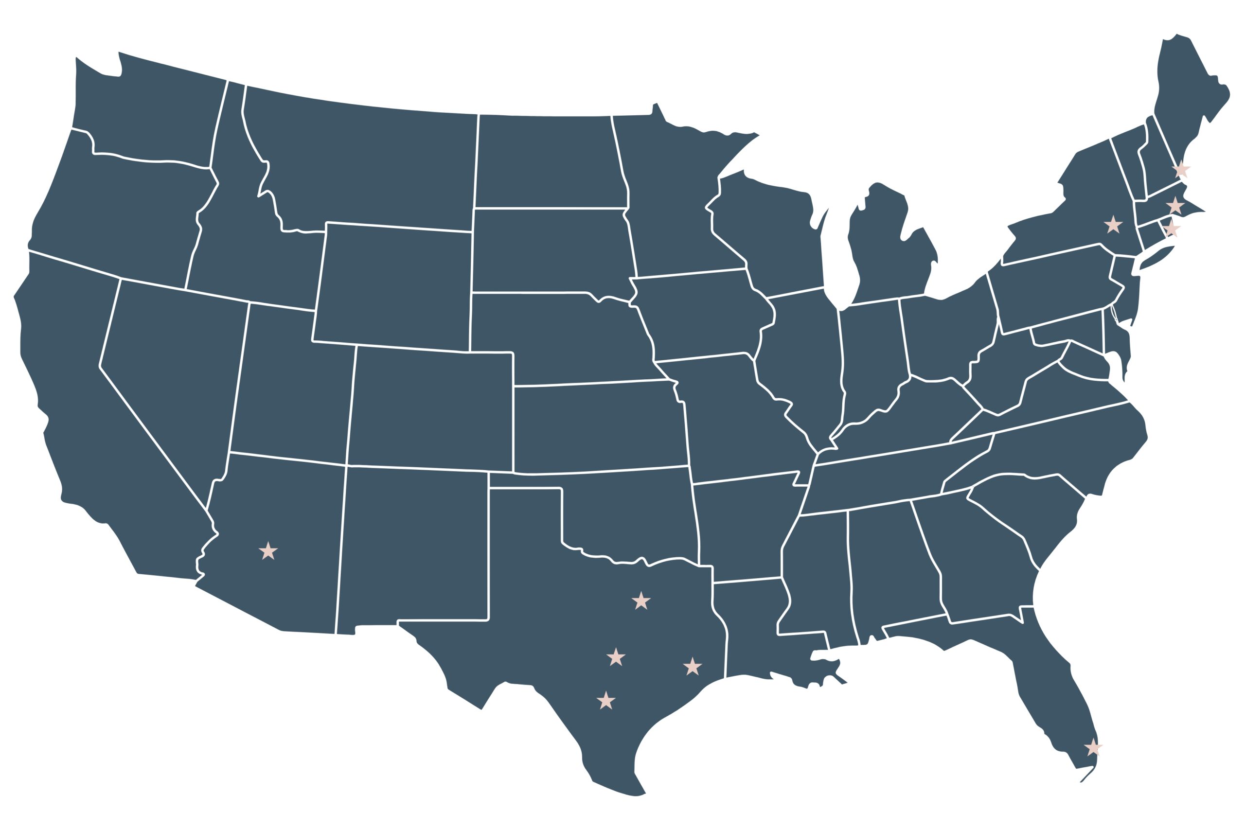 Map of the United States with stars marking showroom locations in Texas, Florida, Illinois, California, and several states in the northeastern region.