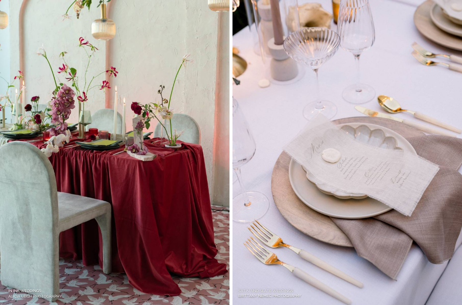 Two elegant party table settings: one with a red tablecloth, flowers, and candles; the other with a white tablecloth, layered plates, a napkin with menu, and gold cutlery.