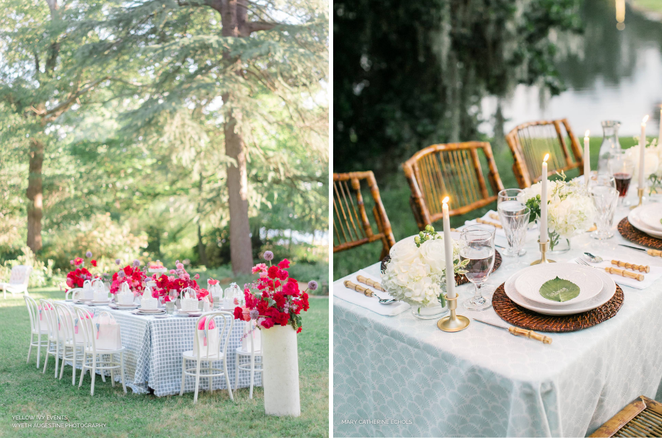Two outdoor dining table setups exude a festive party vibe: the left charms with a blue tablecloth and vibrant red flowers, while the right enchants with white flowers, candles, and green accents against a serene woodland background.