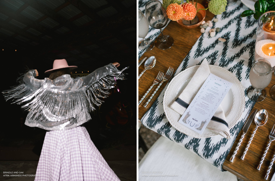 Left: Person in a silver fringe jacket and pink hat energetically dancing like they're at a vibrant party. Right: Dining table adorned with a patterned cloth, menu, plates, and flickering candles.