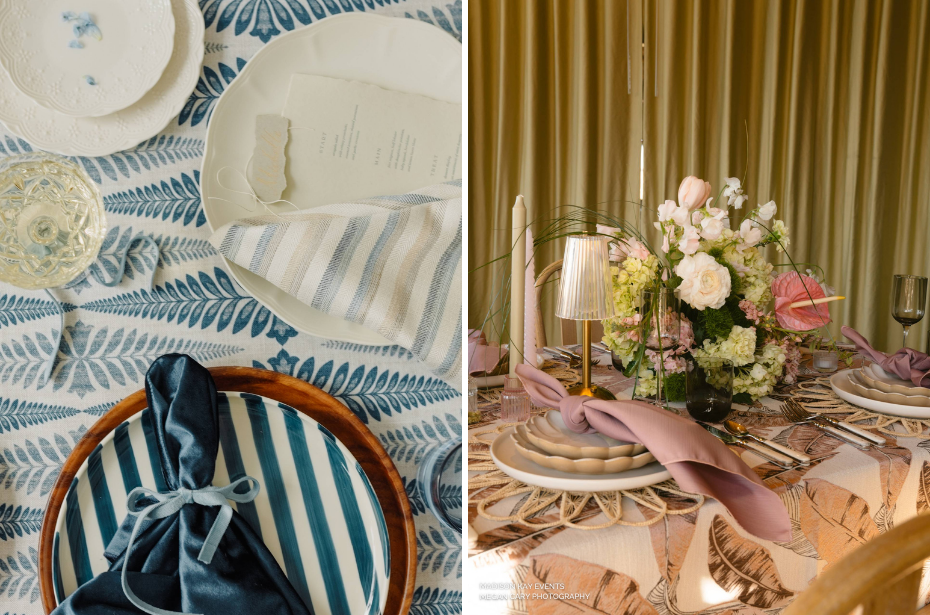 Two party-ready table settings: one boasts a leafy tablecloth, striped napkin, and wine glass; the other features a stunning floral centerpiece, layered plates, and mauve napkins elegantly laid on a tropical-patterned tablecloth.